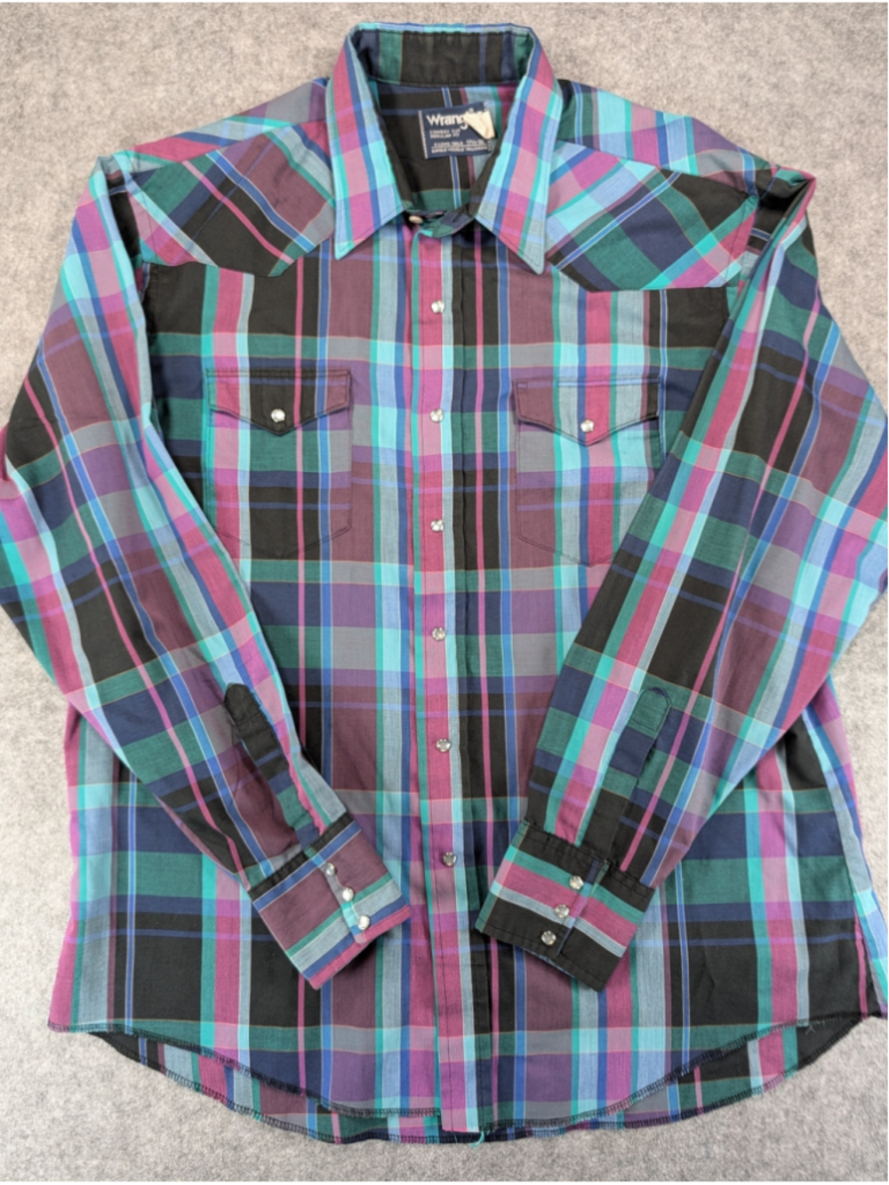 VTG 80s Wrangler Cowboy Cut X-Long Tails Mens 17.5-36 Western Pearl Snap Plaid